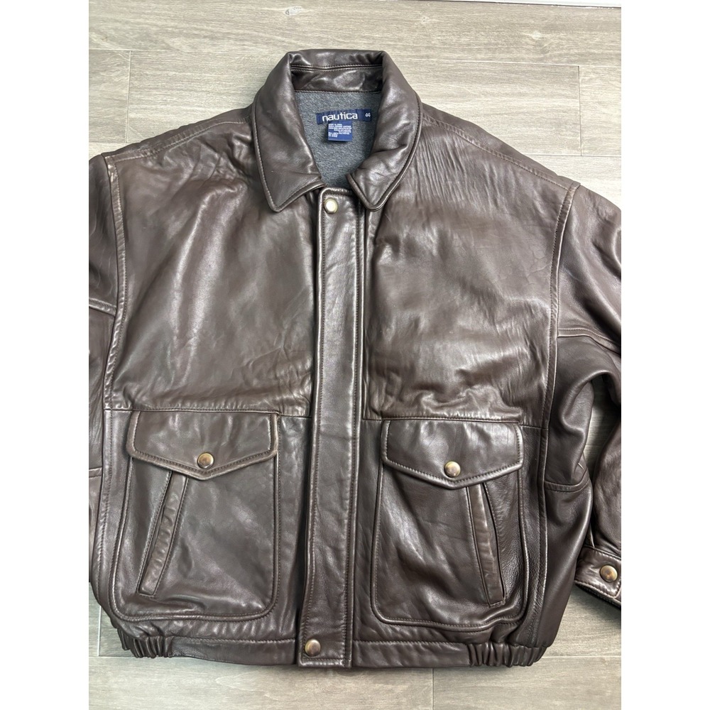 Nautica Military Aviator Bomber Jacket Mens 44 Brown Soft Leather Vintage